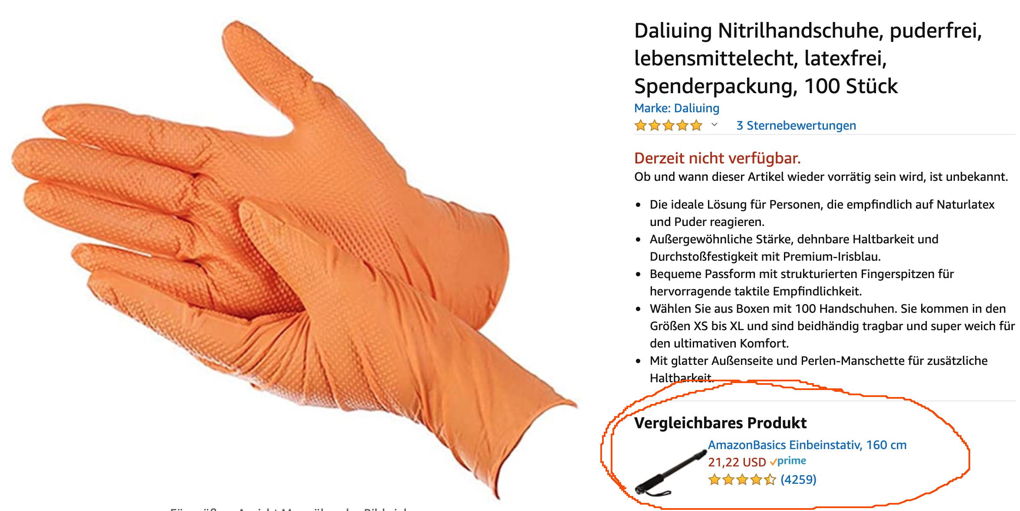 Gesucht wurden Spülhandschuhe, Amazon bietet ein Fotostativ als 
